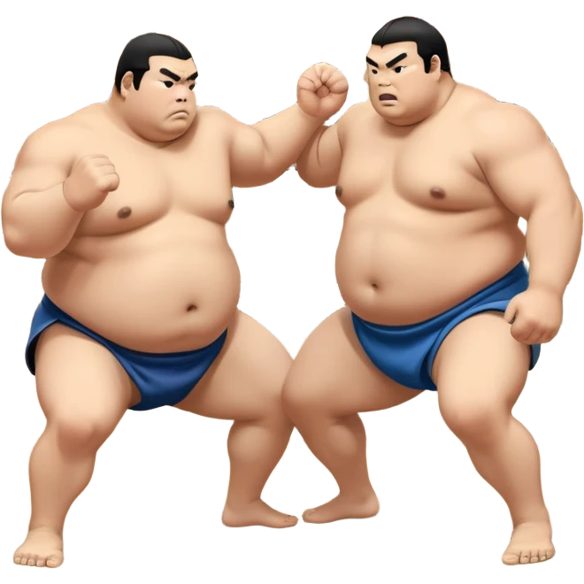 Two sumo wrestlers in a classic dohyo ring, each displaying powerful stances and ready to engage in a fierce match. One wrestler attempts a pushing attack, while the other counters with a thrust. The background shows the traditional sumo arena and spectators. Transparent background. emoji