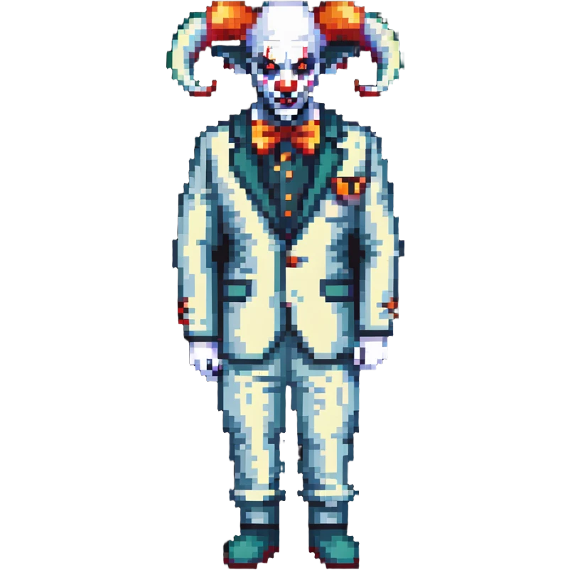 demonic clown wearing a leisure suit, bald with ram horns emoji