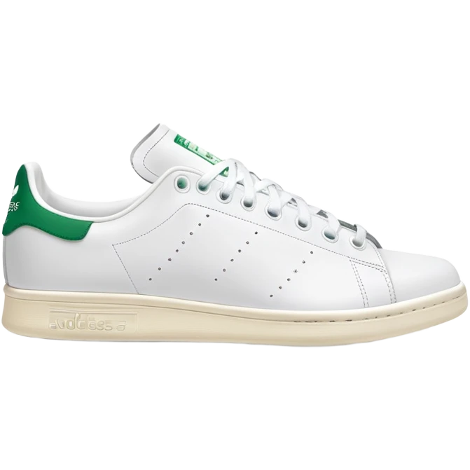 Two Adidas Stan Smith shoes arranged as a pair with one slightly behind the other, white with green heel details, clean classic design emoji