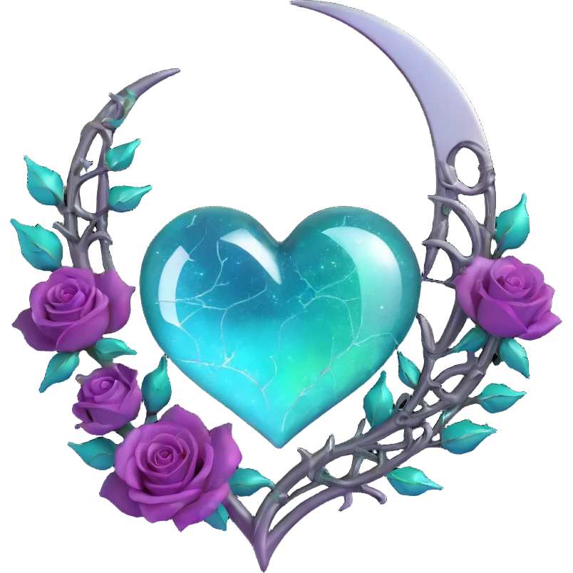 3D emoji-inspired gothic heart of iridescent aurora glass, featuring a silver crescent moon, neon teal lightning, gradient roses, holographic stardust, drenched splintered glass emoji