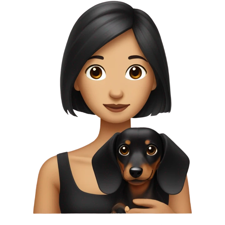 Long-haired dachshund with black-haired Asian girl wearing black dress emoji