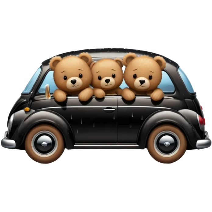 Two teddy bears sleeping in black Volkswagen in the rain emoji