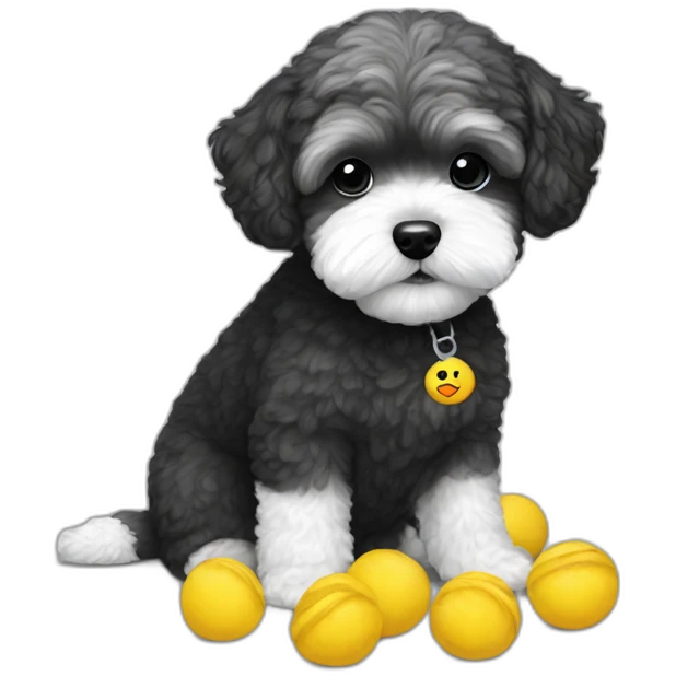 Maltipoo, black and white, with MAY t-shirts emoji