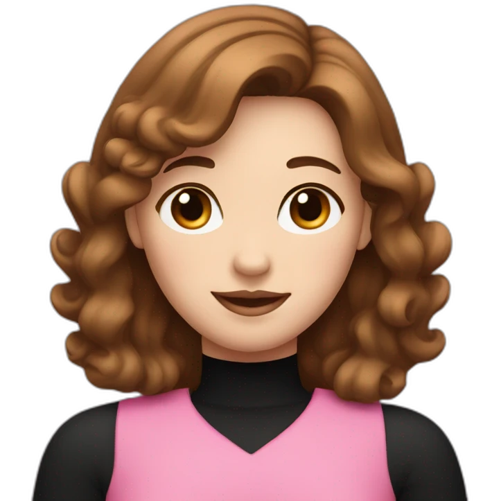 A white woman with brown hair, wear black-and-pink and making a heart symbol with her hands emoji