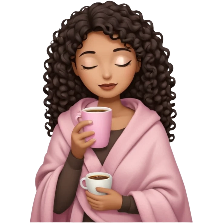 hispanic woman, brown skin, black long 3b curls, closed eyes, feminine face, holding soft pink coffee cup with beige blanket over shoulders emoji