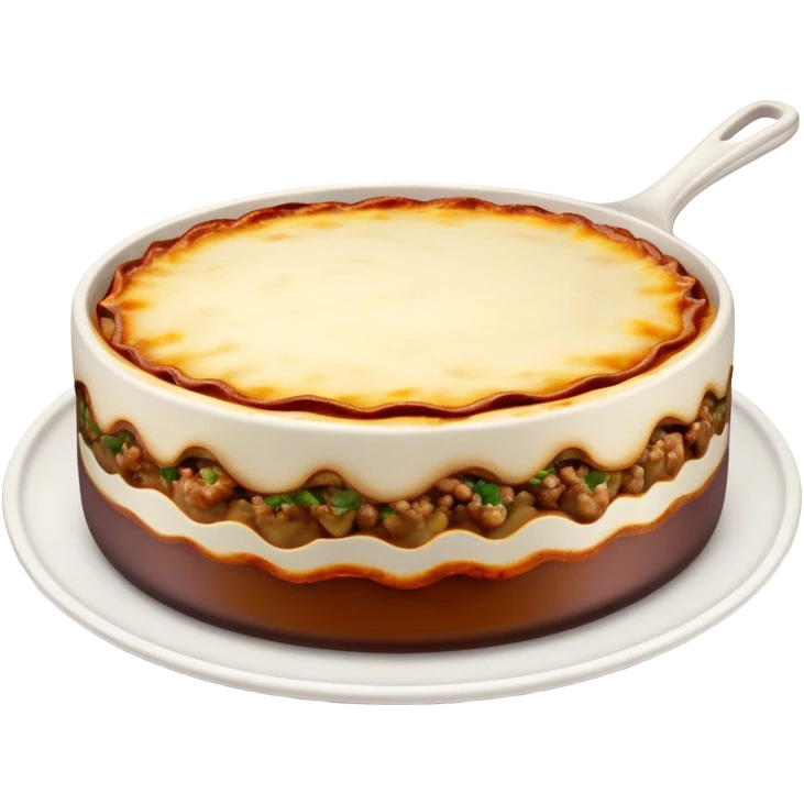 Cinematic Realistic Moussaka Dish Emoji, depicted with layers of eggplant, minced meat, and b√©chamel sauce rendered with rich textures and warm, inviting lighting that captures its Mediterranean flavor. emoji
