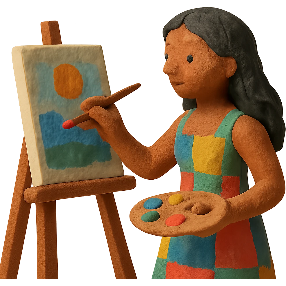 tanned woman artist with long black hair, wearing a colorful dress, painting at an easel, holding a palette and brush, claymation style emoji
