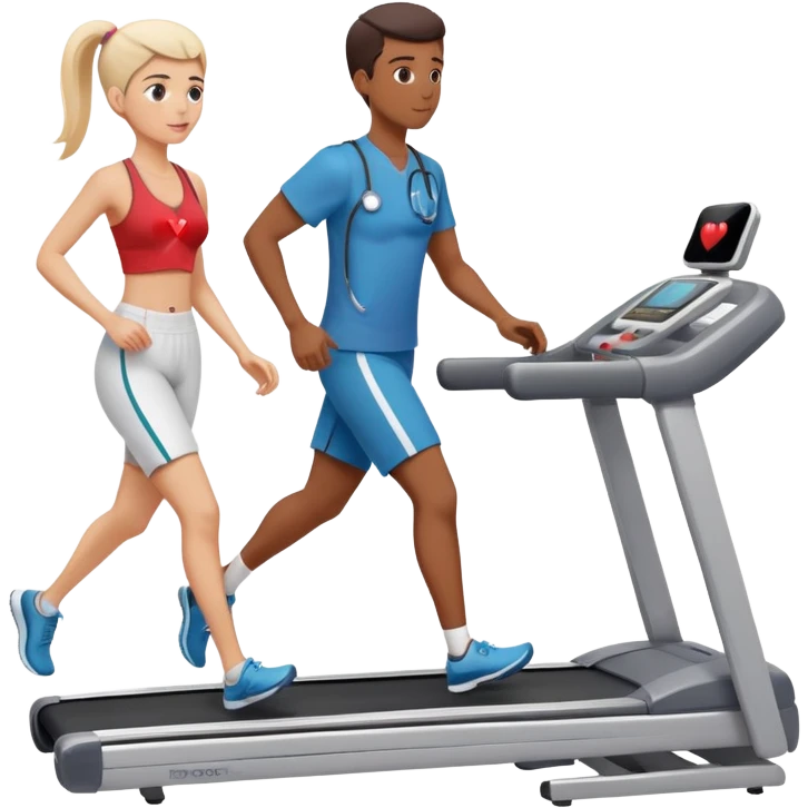 patient on a treadmill with heart monitor and a doctor supervising, representing a stress test emoji