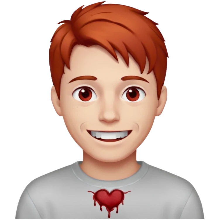 парень с красно-русыми волосами; бледная сероватая кожа; белые глаза; открытая улыбка, где на зубах кровь; одет в белый свитер emoji