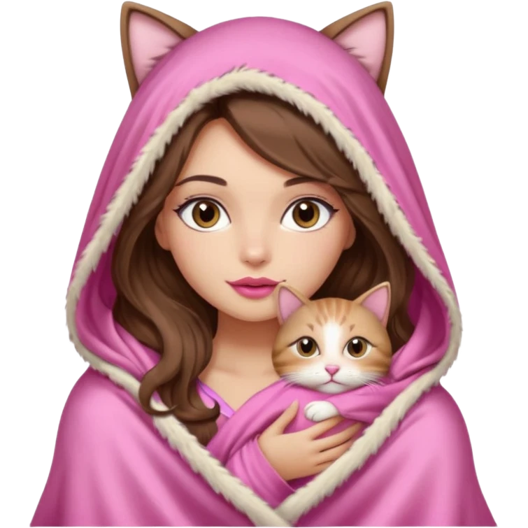 girl with long wavy brown hair, brown eyes, long lashes makeup, sexy pink lips, light to medium complexion, wearing a pink sexy silk top, big blanket over the head cozy holding a cat, no cat earn on the hood emoji