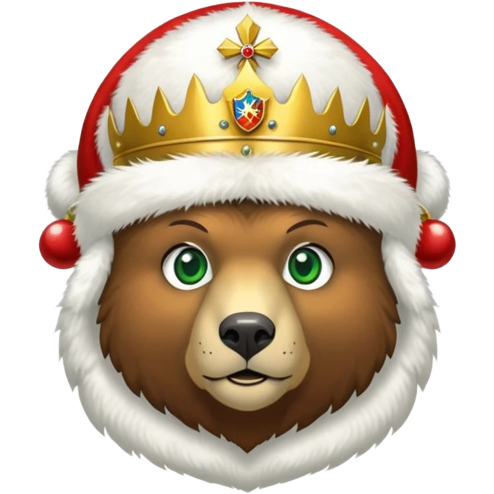 Brown bear head only with green eyes, white furry ushanka hat with accurate Russian Federation emblem featuring golden eagle, three crowns, scepter, orb, and red shield with St. George, iOS emoji style emoji