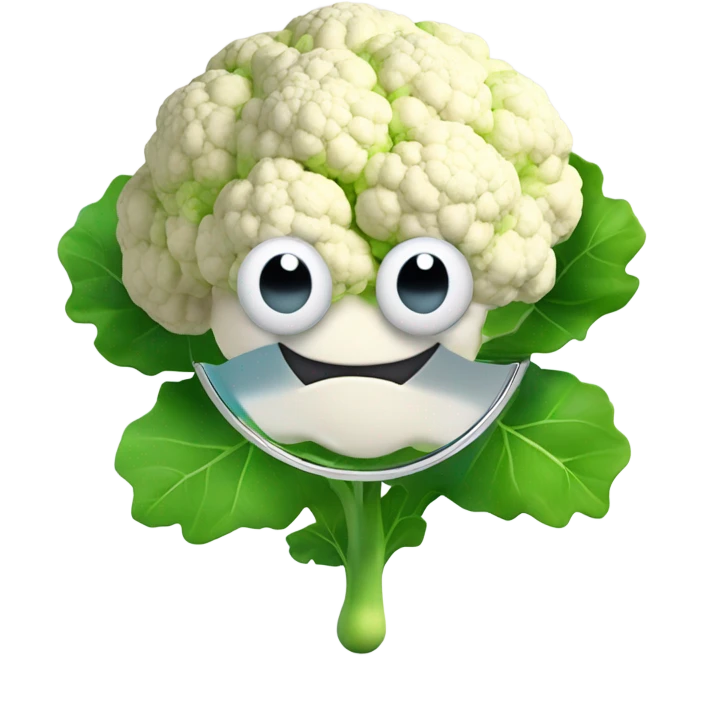 3D cauliflower emoji character with big eyes 👀, surrounded by a few green leaves 🍃, holding a small mirror 🪞. The character is floating in the air with no legs visible, on a pure white background. emoji