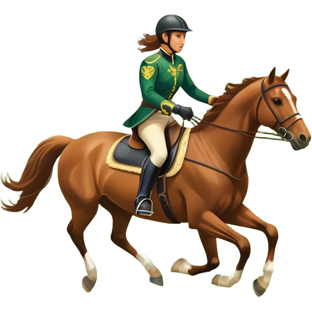 An icon featuring a horse and rider galloping gracefully over a lush green field. The rider is in full gear, guiding the horse with precision. The background shows rolling hills, a clear blue sky, and vibrant sunlight illuminating the scene. Transparent background highlights the elegance emoji
