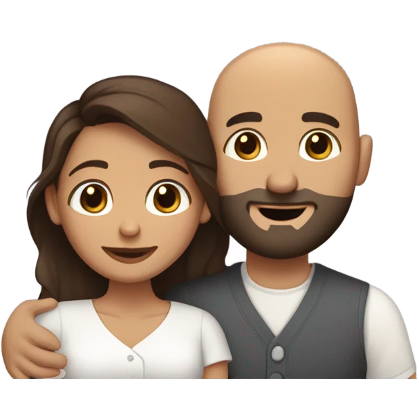 Brown-haired Puerto Rican woman with dark brown eyes wearing a cute blouse giving a comforting hug to a short, bald man with brown eyes, laugh lines, and a beard emoji