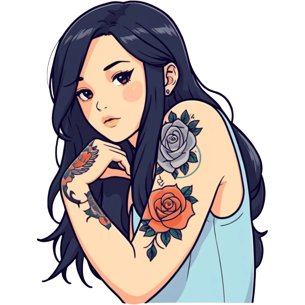 hyper realistic slavic Pale girl with long black hair arm tattoos emoji