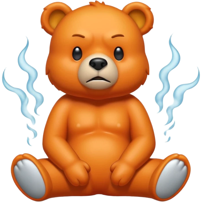 Create a orange friendly bear, make him look like from a kid cartoon. Show his whole body. Make him look shy and cross his leg while he is standing. make him look mad and steam coming out of his ears emoji