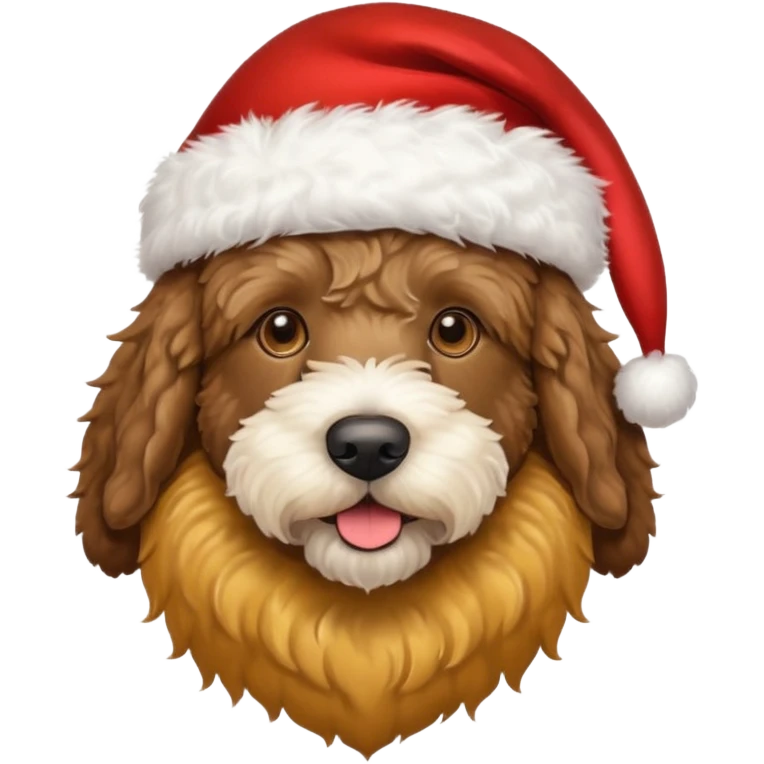 dark brown goldendoodle wearing a Santa hat emoji
