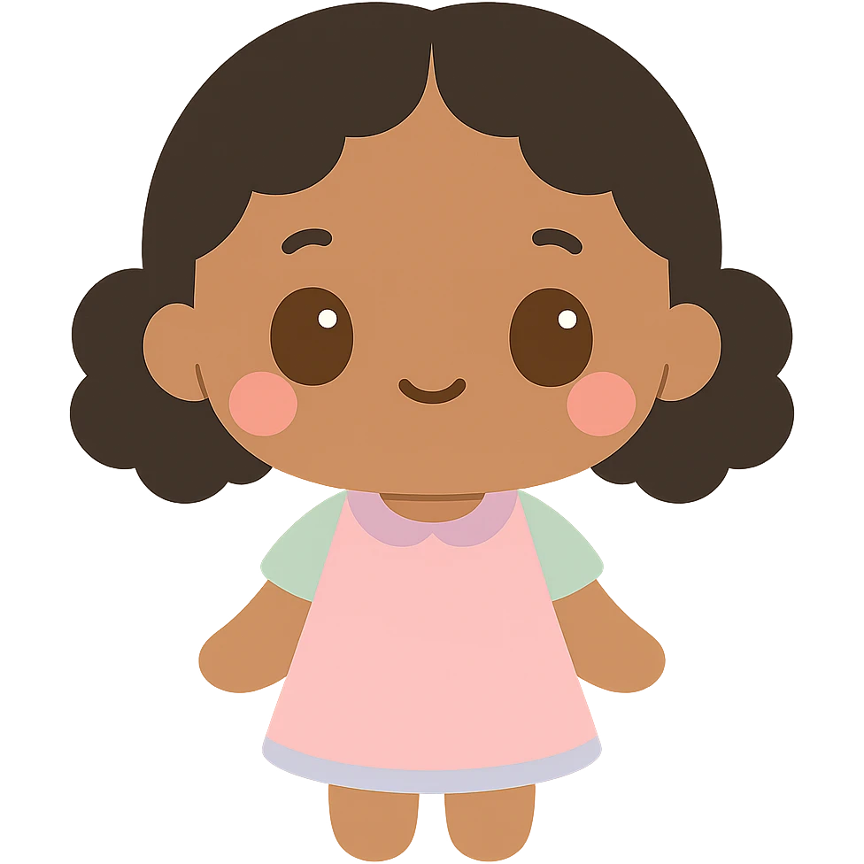 kawaii style illustration of a brown-skinned girl with short black curly hair parted in the middle, brown eyes emoji
