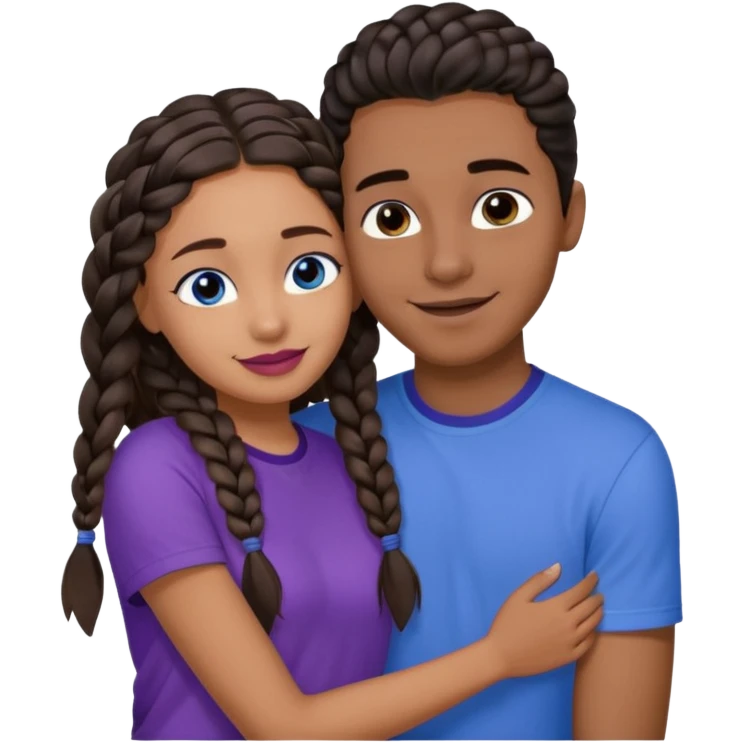 Boyfriend who is very tan olive skinned with blue eyes and wavy straight brown hair in a blue shirt and his girlfriend who is very dark skinned, juicy lipped with black braided hair and the two are hugging and smiling hugely she’s wearing purple and she has black eyes emoji