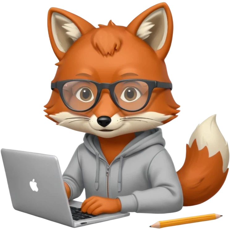 fox with clear fur wearing a gray hoodie and vision glasses, working interestedly on a laptop, holding a pencil in hand, notebook lying nearby, no background emoji