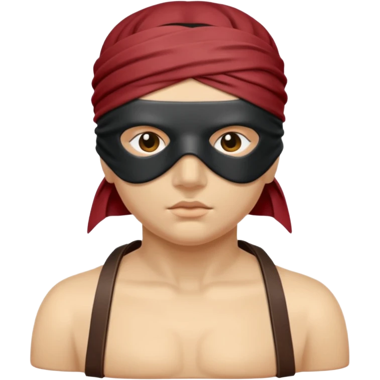 Statue-like figure blindfolded with leather straps, devotion and submission emoji