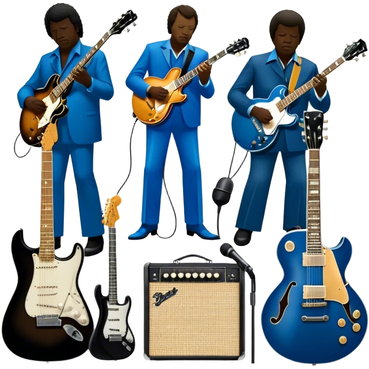 Icon for Blues Music: close-up collage of legendary blues artists. Gary Moore, Eric Clapton, B.B. King and Joe Cocker. Represented by silhouettes or symbolic items like guitars, microphones, or music notes, reflecting the soulful energy of blues music. Transparent background. emoji