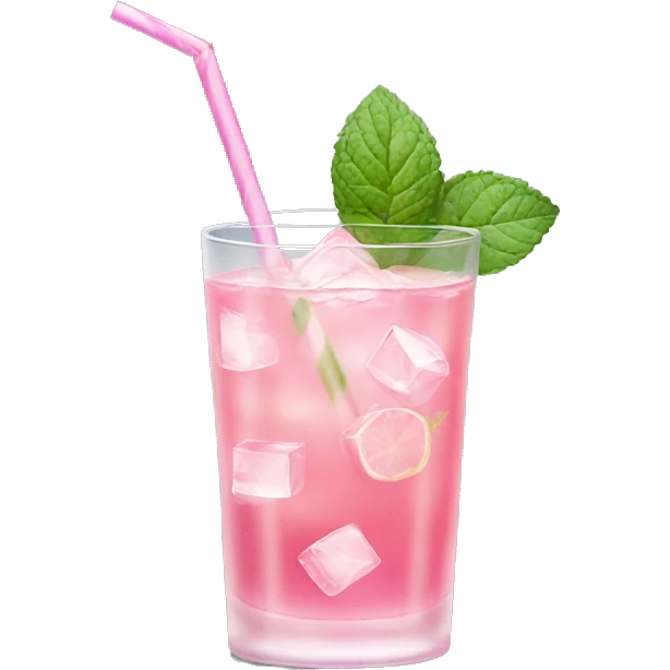 glass of pink lemonade with ice cubes, mint leaves, and a striped pink straw emoji
