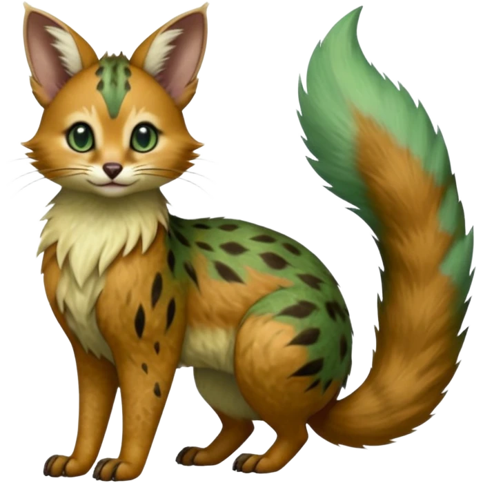 Hyper realistic  rusted bronze fur cracked with green-patina age veins and dull shimmer beautiful elegant pretty precious cute  Fakémon-Pokémon-opossum-feline-serval-caracal-chinchilla-Furret-Minccino-hybrid-creature with a big fluffy bushy tail (full body) emoji