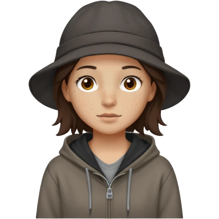 Hobo tomboy with light skin, freckles, shoulder-length center-parted dark brown hair. brown eyes, dark brown hoodie, grey shirt. Black flat brimmed hat emoji