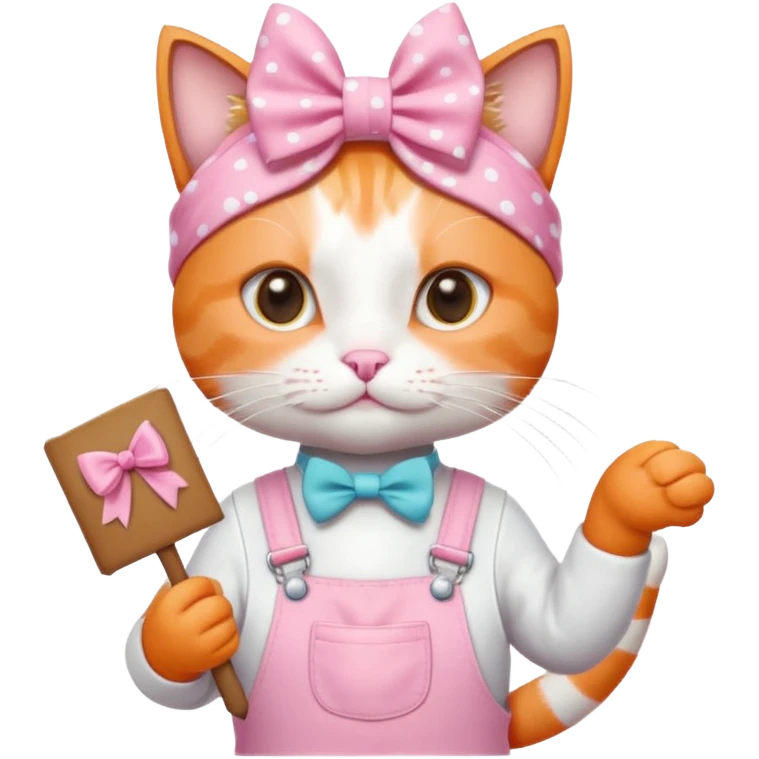 گربه ی نارنجی سفیدتقریباً لباسش حالت بیلر باشه سفید و صورتی پاپیون رو سرش باشه یک کاغذ بزرگ تزیین شده توی دستش باشه emoji