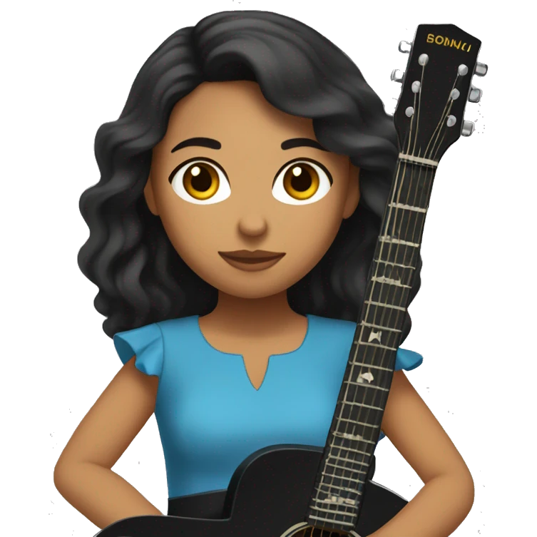 A latin girl, long dark hair, brown eyes, with a blue dress, playing guitar. emoji