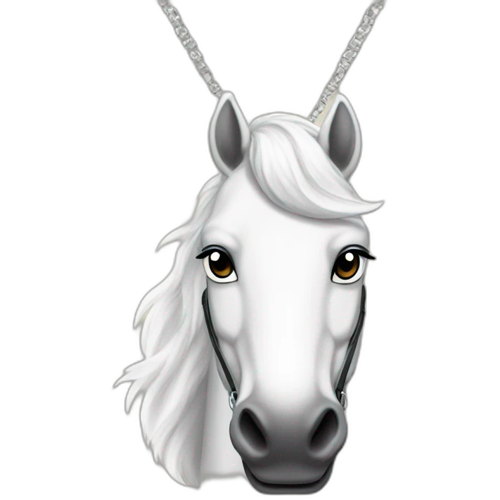White stallion mustang wearing a key around the neck only necklace no mouth strap emoji