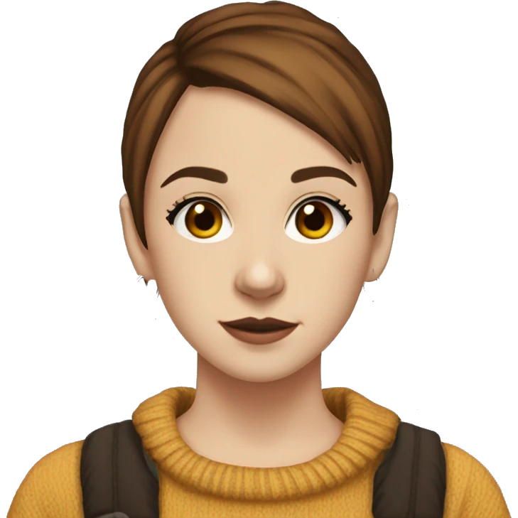 a girl in the 11th grade with short brown hair, a paramore sweater, hoop earings, brown eyes emoji