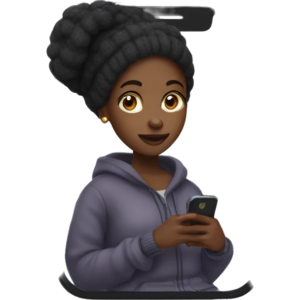 Black girl in a cozy outfit fit on her phone emoji