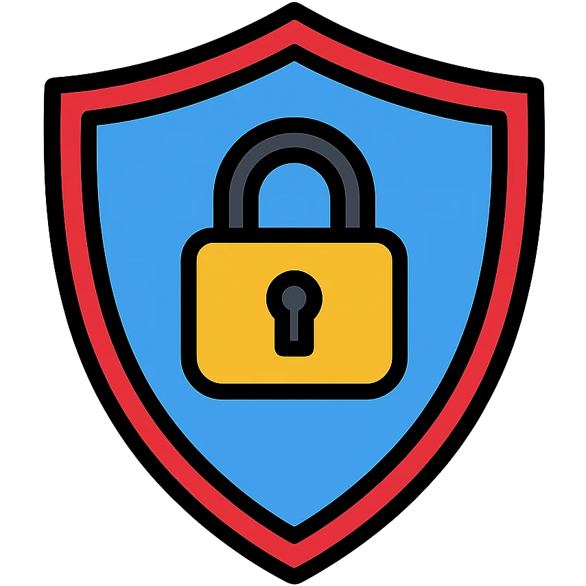 Icon-style IT security emblem: shield with suspended padlock, energetic blue #02aff4 main color, deep red #ee1b24 accents, white background, detailed and robust appearance emoji