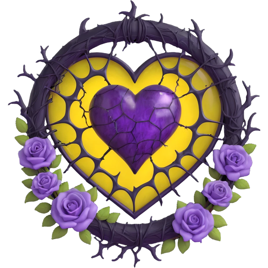 gothic heart made of purple glass with a full moon behind it, black rose wreath, subtle lightning glow, heavy storm rain, spiderweb cracked glass texture emoji