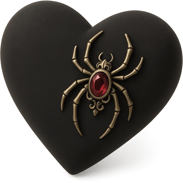 gothic heart in 3D black style, black velvet texture, silver spider brooch, deep red gemstone, ornate and dark emoji