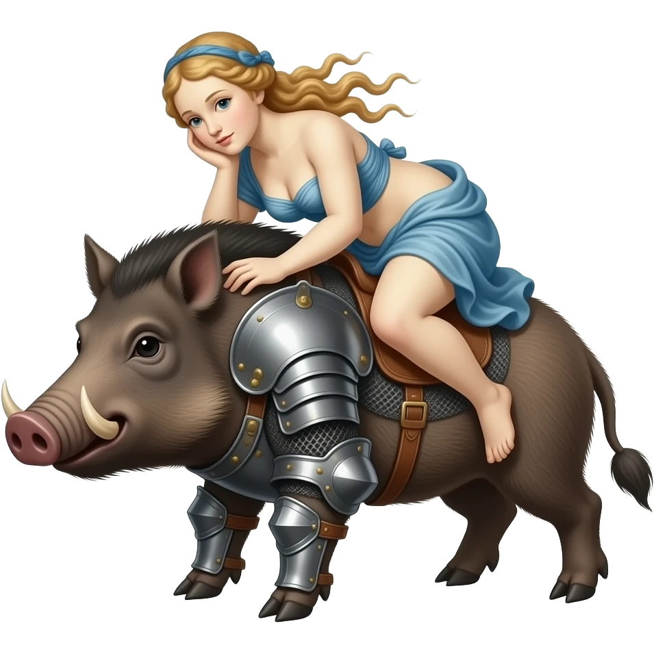 cinematic surrealistic - an armored, tattooed boar carries Botticelli's ethereal Venus on its back emoji