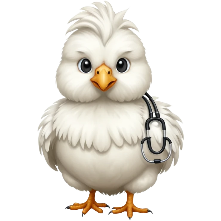 A fluffy White Silkie Bantam chicken wearing a doctor's stethoscope.  emoji