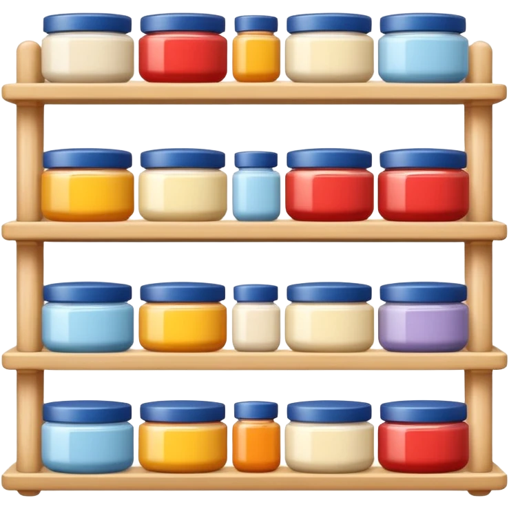 Japanese brand creams displayed on a storage shelf, arranged with horizontal variation and vertical consistency, with identical items placed directly behind one another. emoji