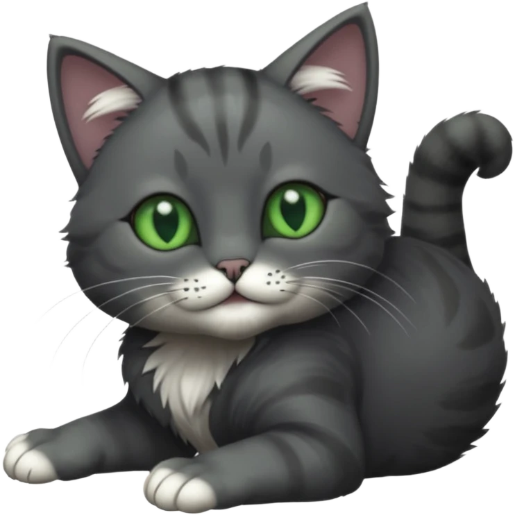 solid dark grey cat with green eyes, completely solid grey face, white toes/paws playfully rolling upside down emoji