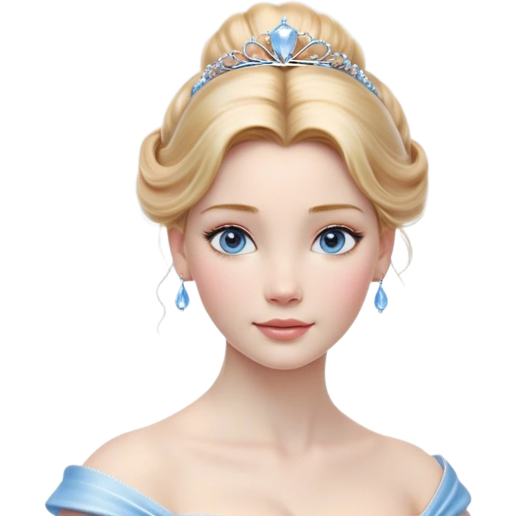 Cinematic Realistic Cinderella Portrait, depicted with lifelike skin texture, subtle rosy undertones, and soft natural lighting that enhances the gentle contours of her face. Her intricately detailed golden blonde hair is elegantly styled in an updo, with delicate wisps framing her face. Her deep, expressive blue eyes radiate warmth and sincerity, reflecting a quiet resilience and grace. She holds a glass slipper gently in one hand, her other hand resting gracefully at her side, emphasizing the timeless beauty of the moment. She is dressed in her iconic ball gown, the fabric shimmering with intricate embroidery and fine translucent layers that catch the light beautifully. The soft sheen of satin gloves adds a magical touch to her graceful pose. The portrait features an enchanting glow with a natural, luminous finish, seamlessly blending realism and fairytale charm to evoke a sense of depth, elegance, and timeless beauty. emoji