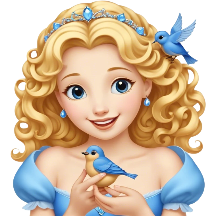 Cinematic Adorable Cinderella Portrait Emoji, Giggling softly while holding a tiny bluebird, golden curls bouncing, eyes sparkling with joy, wrapped in a soft golden glow, exuding warmth and charm, an irresistible blend of beauty and playfulness! emoji