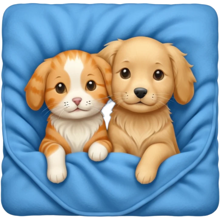 An Orange cat and an English cream retriever dog in a blue blanket  emoji