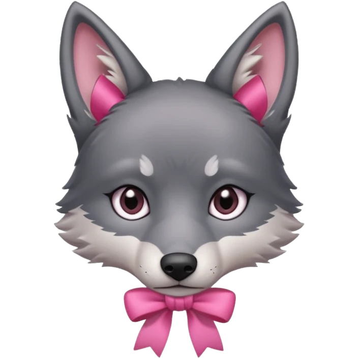 Pleading sad Face cute dark grey wolf with a pink ribbon io his ear head emoji