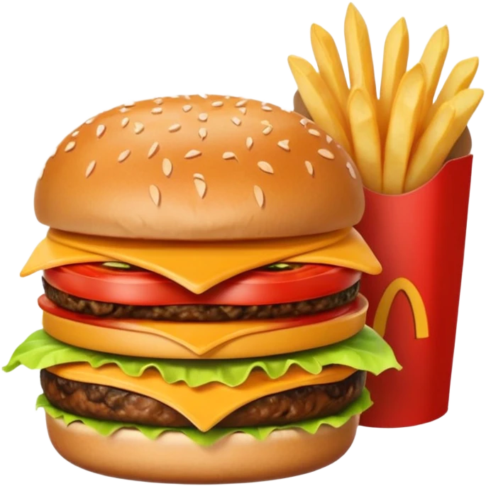 Burguro And Fryuro is two separate entities. The one on the left is a burger, consisting of 2 buns, lettuce, cheese, meat and tomatoes. The burger expresses a angry expression. While the one on the right is a carton of fries, also having a slightly annoyed expression. emoji
