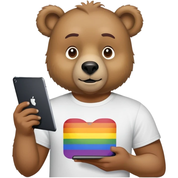Cute daddy bear with LGBT tee and an iPad mini playing brat by Charli XCX emoji
