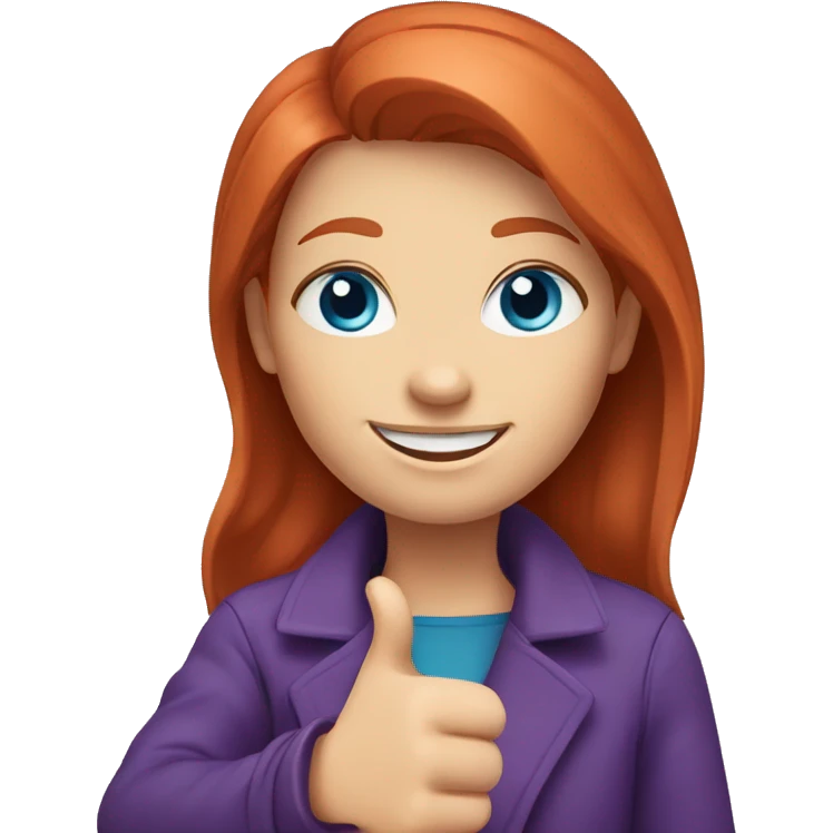 create an avatar of a smiling redhead girl, blue eyes, with a purple coat, giving a thumbs up emoji