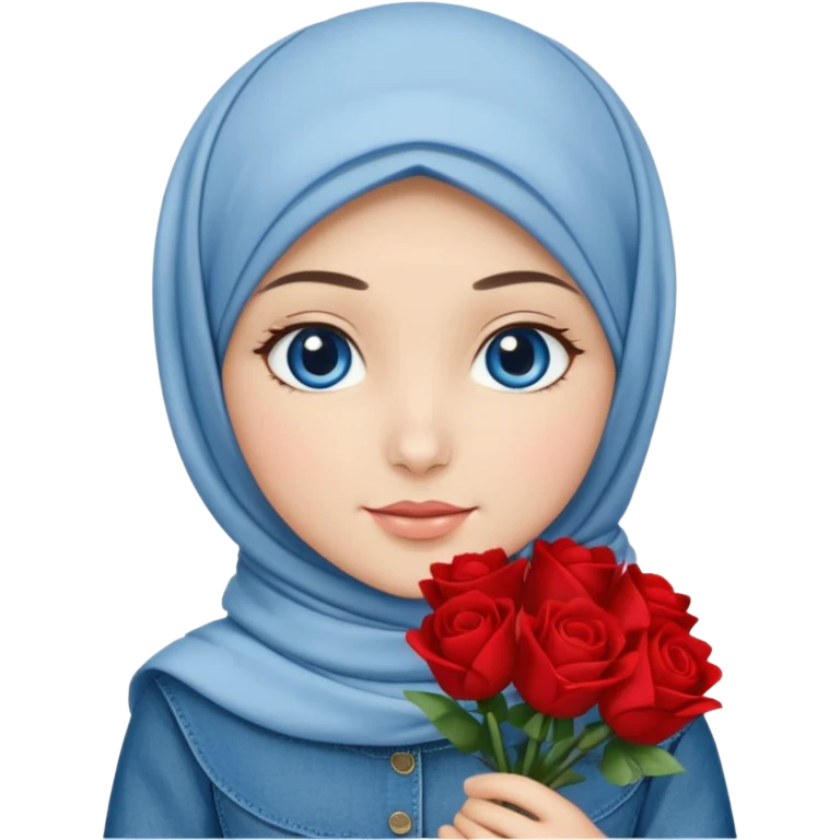 Turkish beautiful finish Konya girl blue eyes with denim bow hijab islamic dress and had on her hand red bouquet  emoji