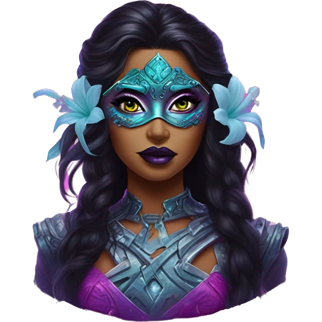 Synthwave jasmine in Lordi style, oil paint, epic eyes, intricate lips, exquisite pose, beautiful, desirable, logical emoji